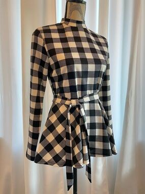 Black and White Buffalo Check Peplum Belted Top